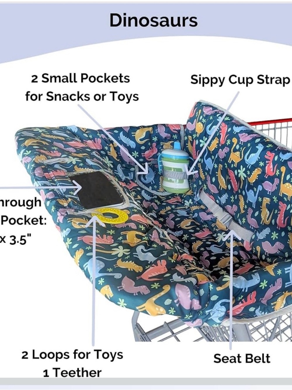 Kids Shopping Cart Cover Bib with Colorful Dinosaur Print - Navy